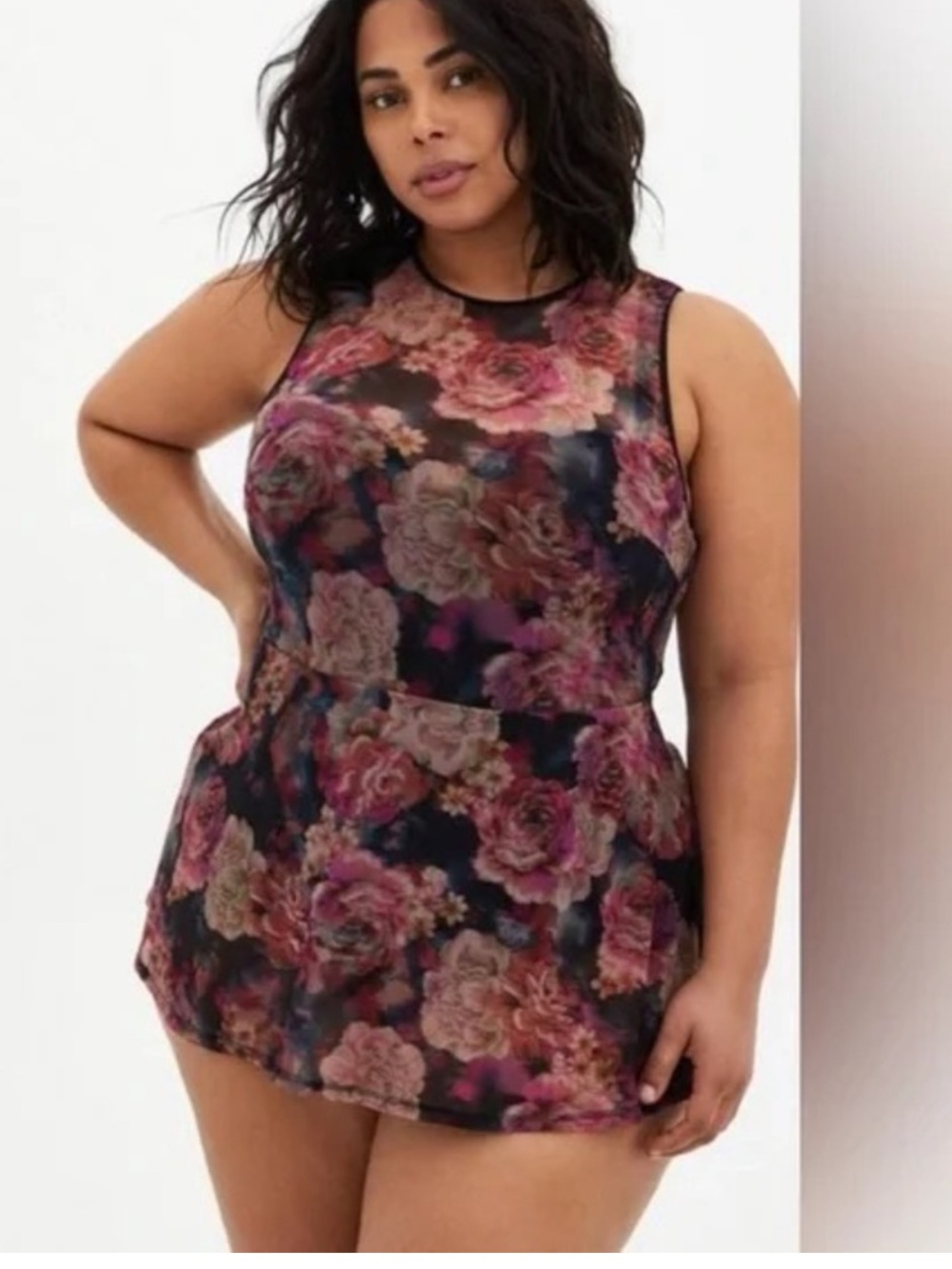 Torrid Floral Swim Dress Women's 1X D/DD Underwire Mesh Overlay One Piece J